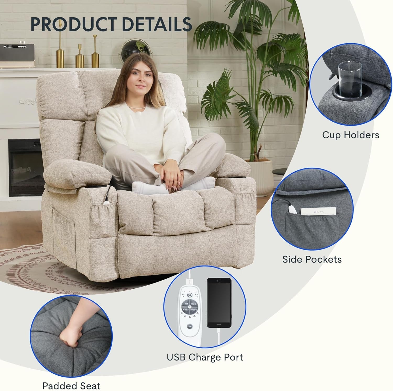 Beige Rocker Recliner Chair With Massage 360 Degree Swivel