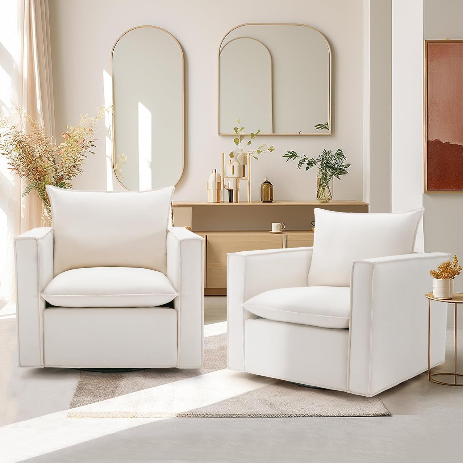 Beige Upholstered Swivel Accent Chairs Set Of 2 360 Degree