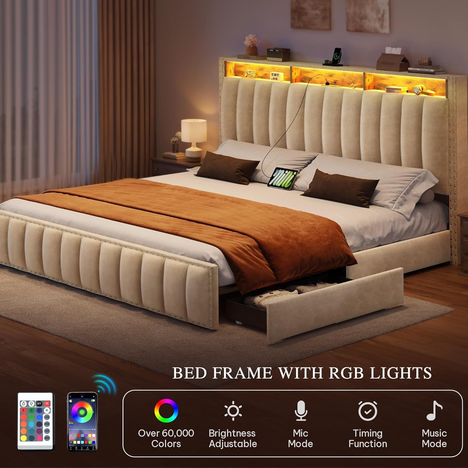 Beige Velvet Queen Bed Frame With Storage Drawers And USB Charging Station