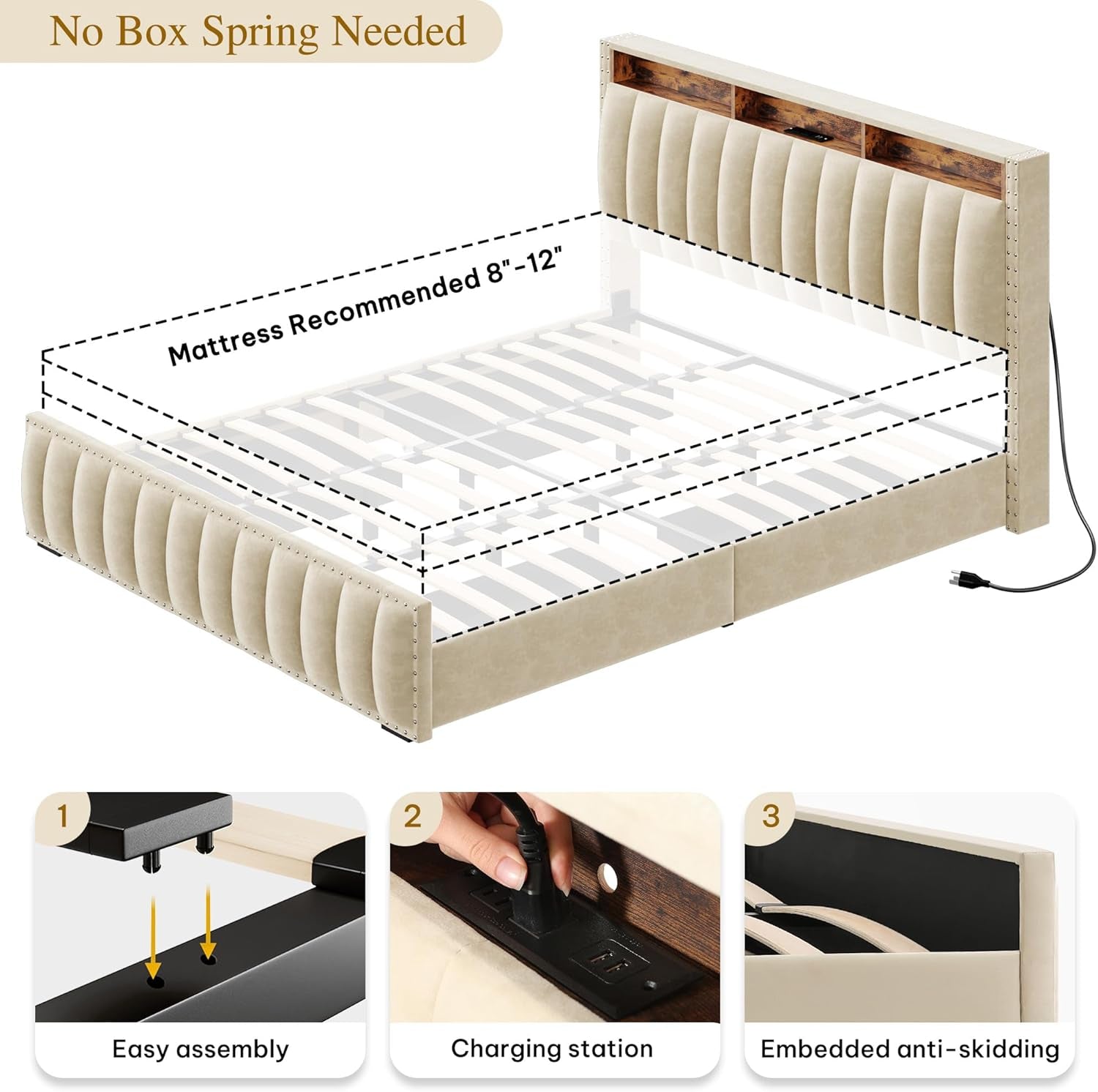 Beige Velvet Queen Bed Frame With Storage Drawers And USB Charging Station