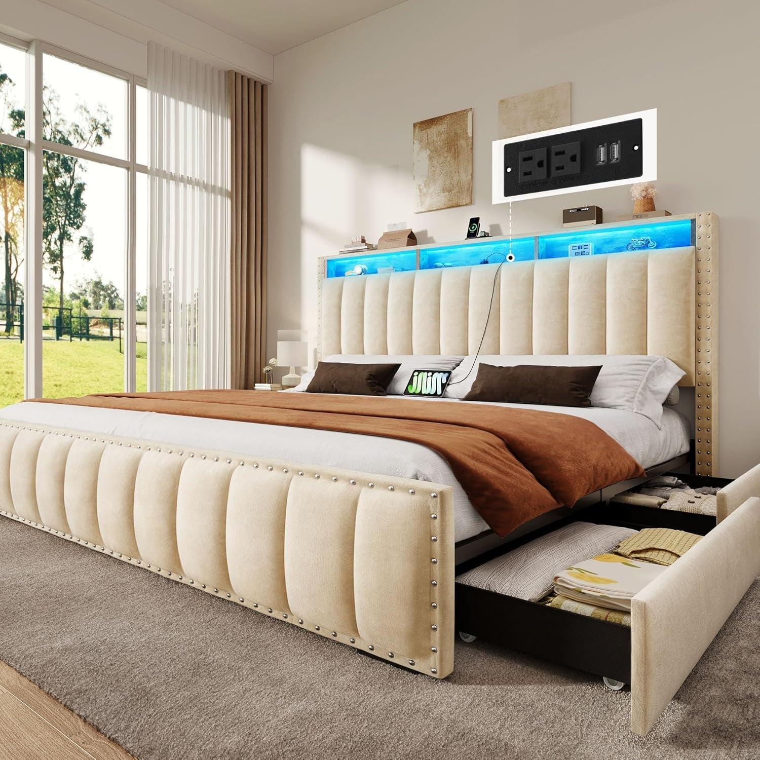 Beige Velvet Queen Bed Frame With Storage Drawers And USB Charging Station