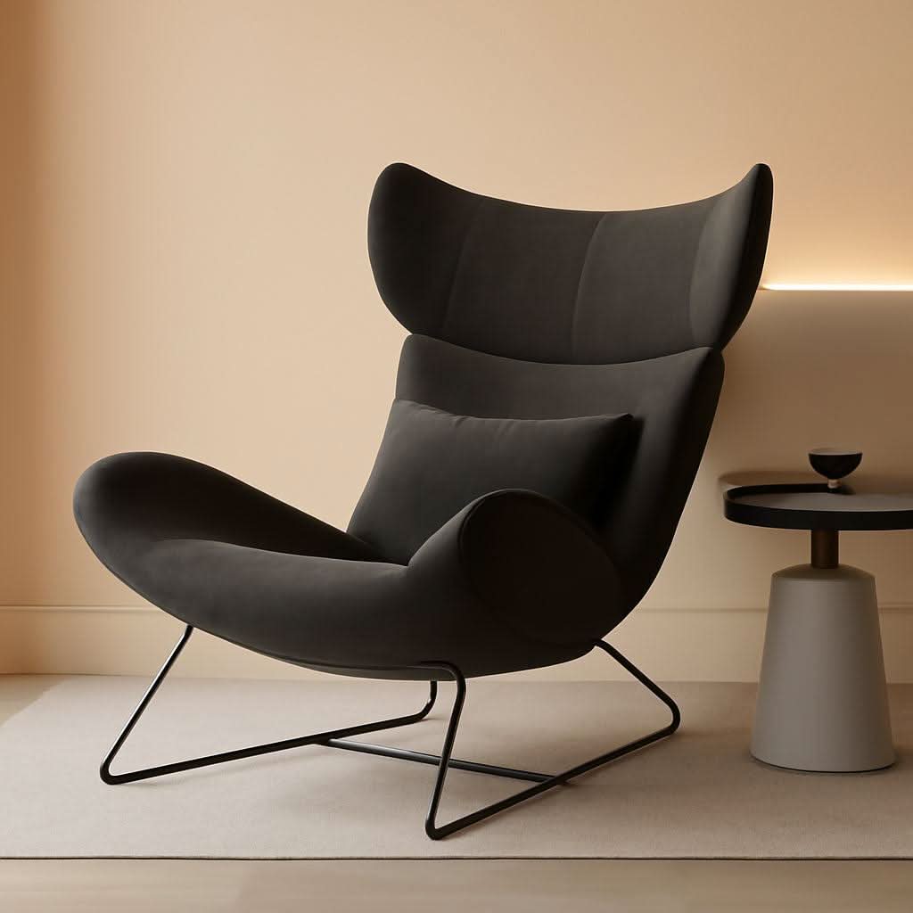Beige Velvet Wingback Accent Chair Mid Century Modern