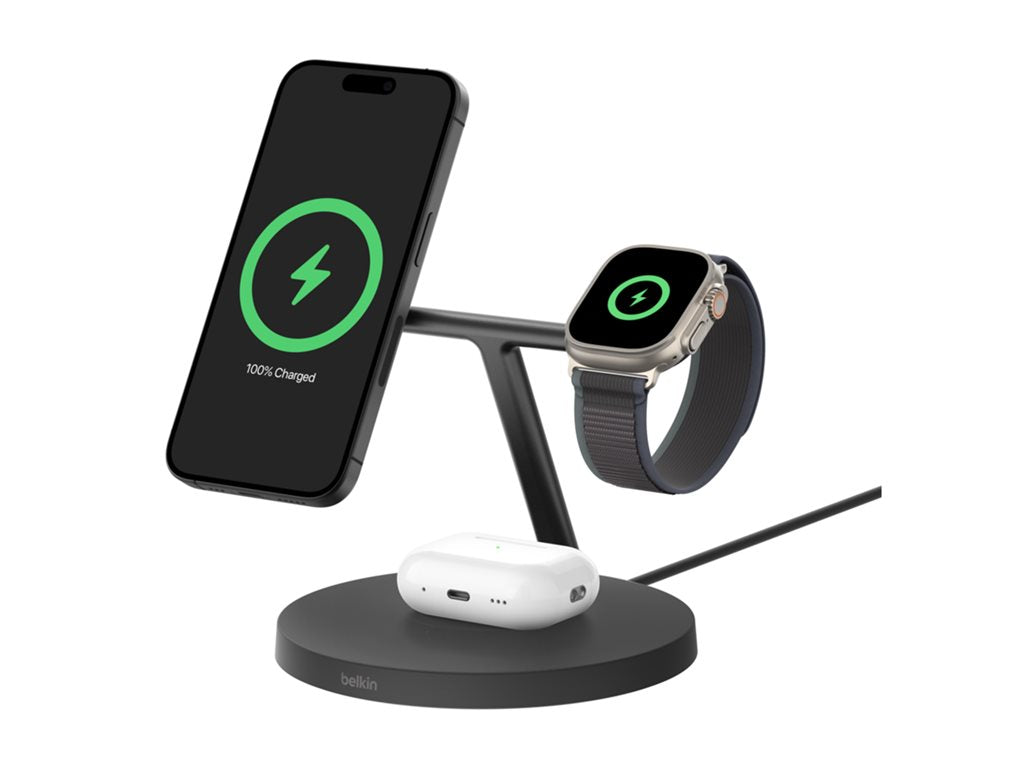 Belkin BoostCharge 3-in-1 - Wireless charging stand - with Qi2 + AC power adapter - 15 Watt - Fast Charge WIZ032TTBK