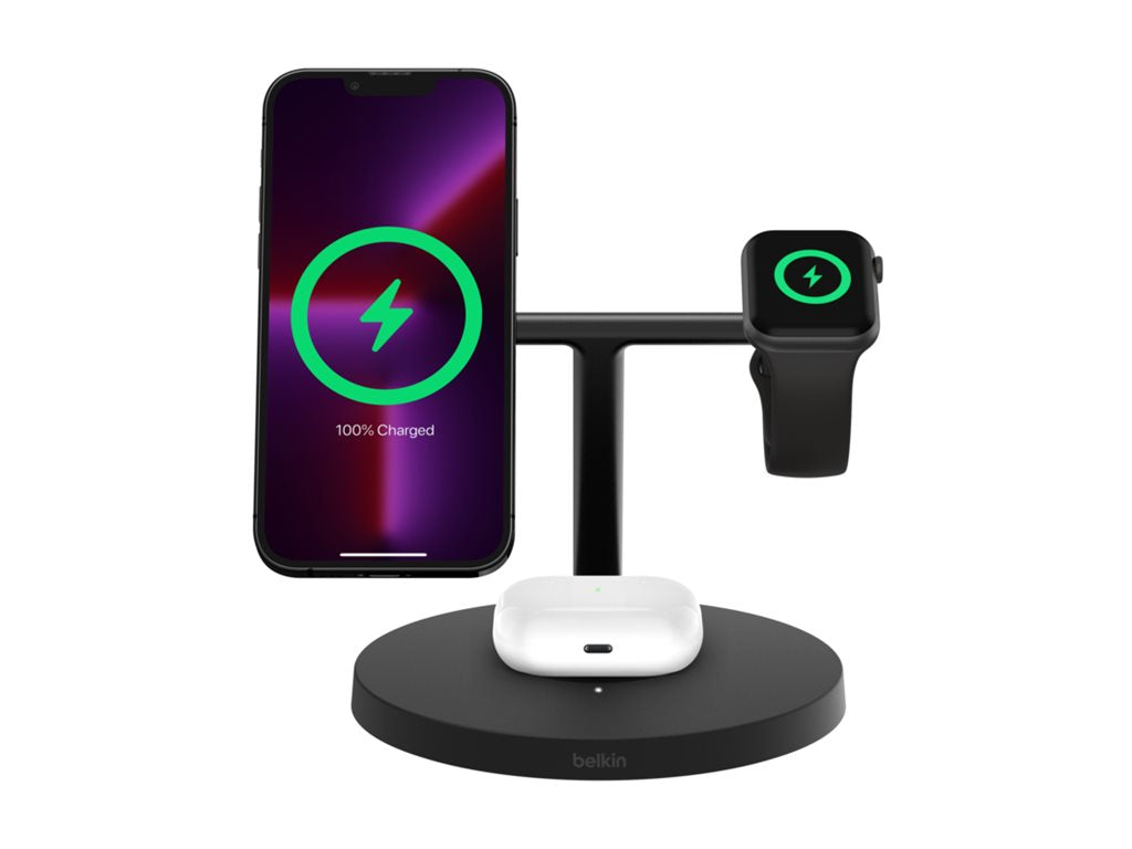 Belkin BoostCharge 3-in-1 - Wireless charging stand - with Qi2 + AC power adapter - 15 Watt - Fast Charge WIZ032TTBK