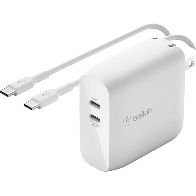 Belkin BoostCharge Dual USB-C GaN Wall Charger 68W and USB-C Cable Laptop Chromebook Charging - Power Adapter WCH003DQ2MWH-B6