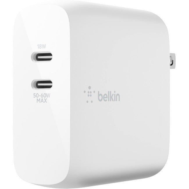 Belkin BoostCharge Dual USB-C Power Delivery GaN Wall Charger 68W Laptop Chromebook Charging - Power Adapter WCH003DQWH