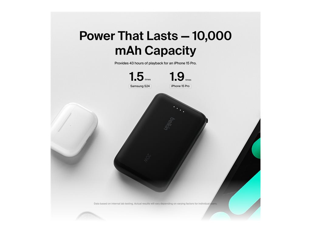 Belkin BoostCharge - Power bank - with integrated cable - 10000 mAh - 20 Watt - Fast Charge - 2 output connectors (24 pin USB-C) BPB021FQBK