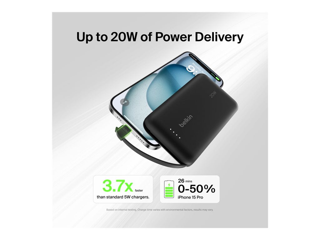 Belkin BoostCharge - Power bank - with integrated cable - 10000 mAh - 20 Watt - Fast Charge - 2 output connectors (24 pin USB-C) BPB021FQBK
