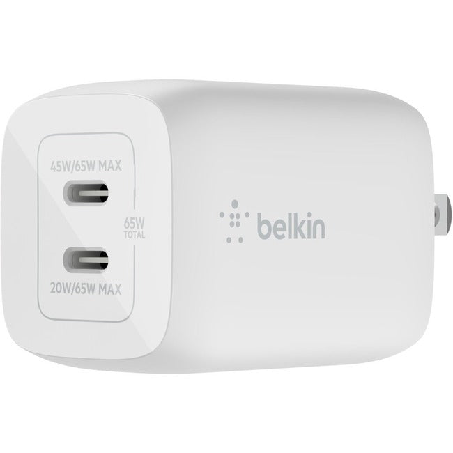 Belkin BoostCharge Pro Dual USB-C GaN Wall Charger with PPS 65W Laptop Chromebook Charging - Power Adapter WCH013DQWH