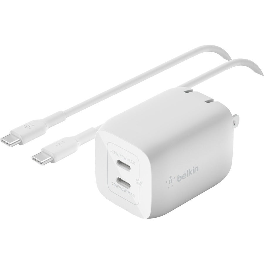 Belkin Dual USB-C GaN Wall Charger with PPS 65W (USB-C to USB-C Cable included) - Power