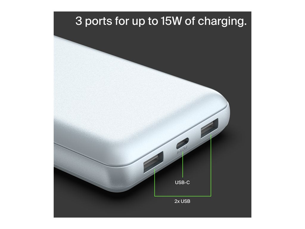 Belkin - Power bank - 10000 mAh - 15 Watt - 3 A - 3 output connectors (2 x USB, 24 pin USB-C) - on cable: USB-C - silver BPB011BTSL