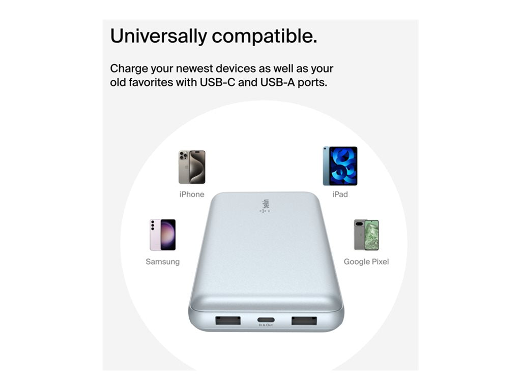 Belkin - Power bank - 10000 mAh - 15 Watt - 3 A - 3 output connectors (2 x USB, 24 pin USB-C) - on cable: USB-C - silver BPB011BTSL