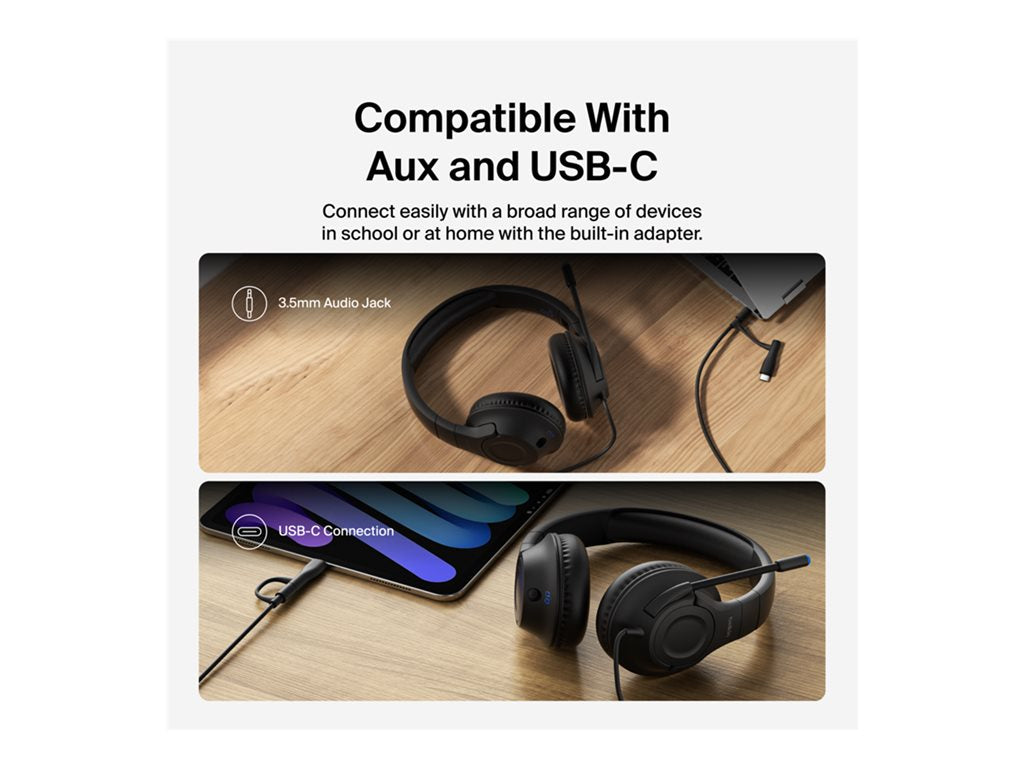 Belkin SoundForm Inspire - Headset - full size - wired - 3.5 mm jack, USB-C - black AUD007FQBK
