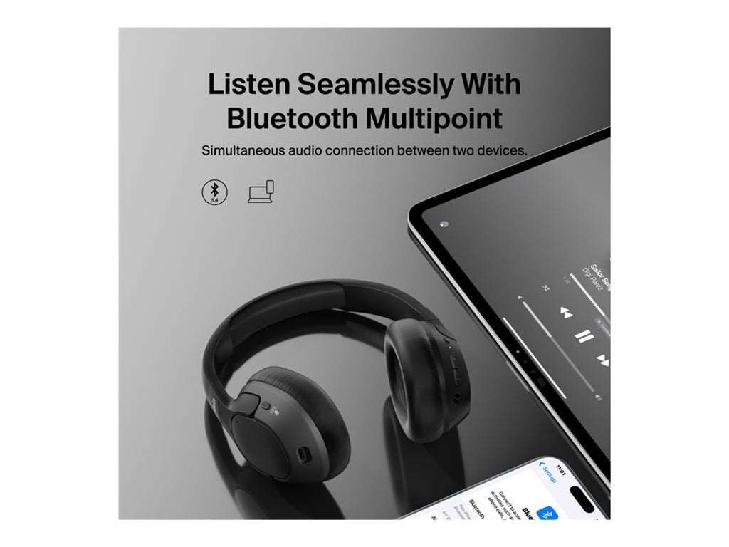 Belkin SoundForm Isolate - Headphones with mic - full size - Bluetooth - wireless, wired - active noise canceling - USB-C, 3.5 AUD008FQBK