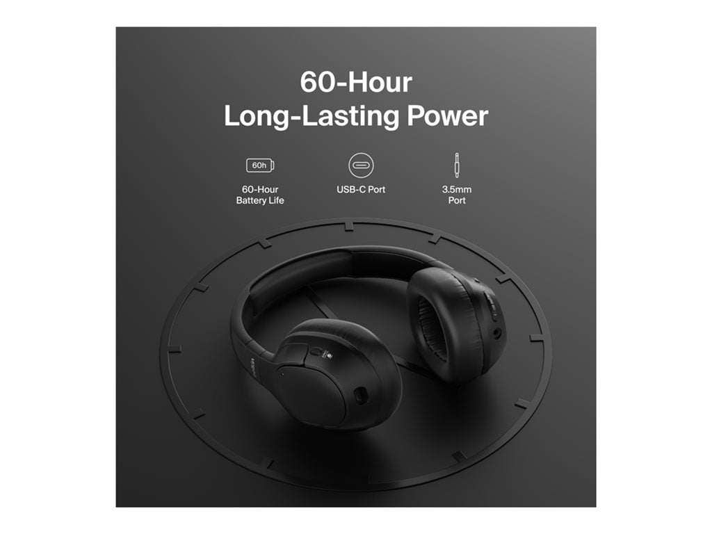Belkin SoundForm Isolate - Headphones with mic - full size - Bluetooth - wireless, wired - active noise canceling - USB-C, 3.5 AUD008FQBK