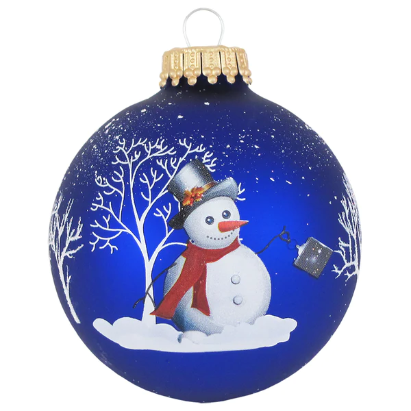 Bell Ringer Snowman on Blue - Glass Ball Ornaments