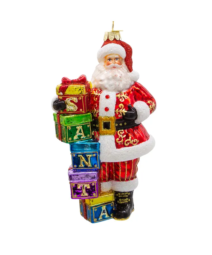 Bellissimo Glass Santa With Gift Boxes Ornament