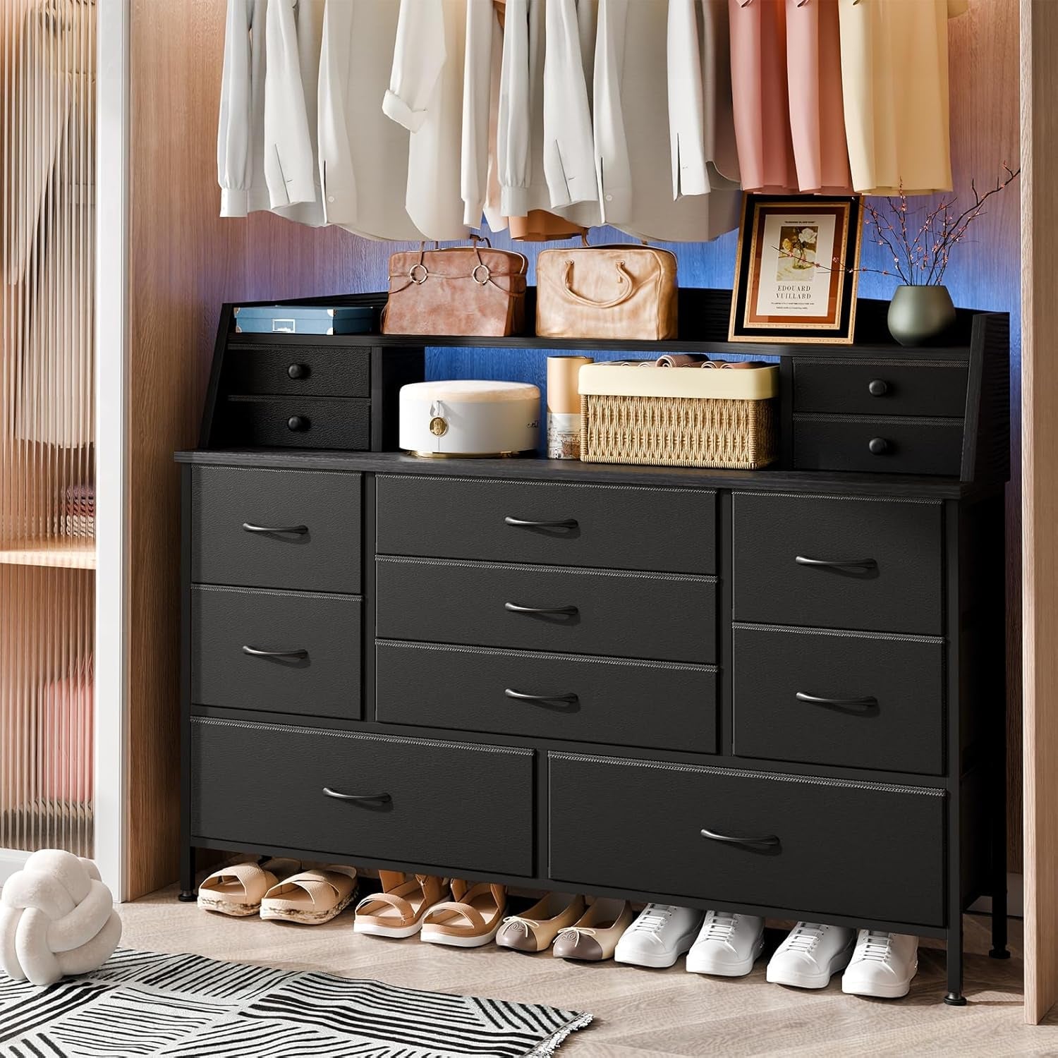 Black 13 Drawer Dresser With Fabric Chest Of Drawers PU Finish