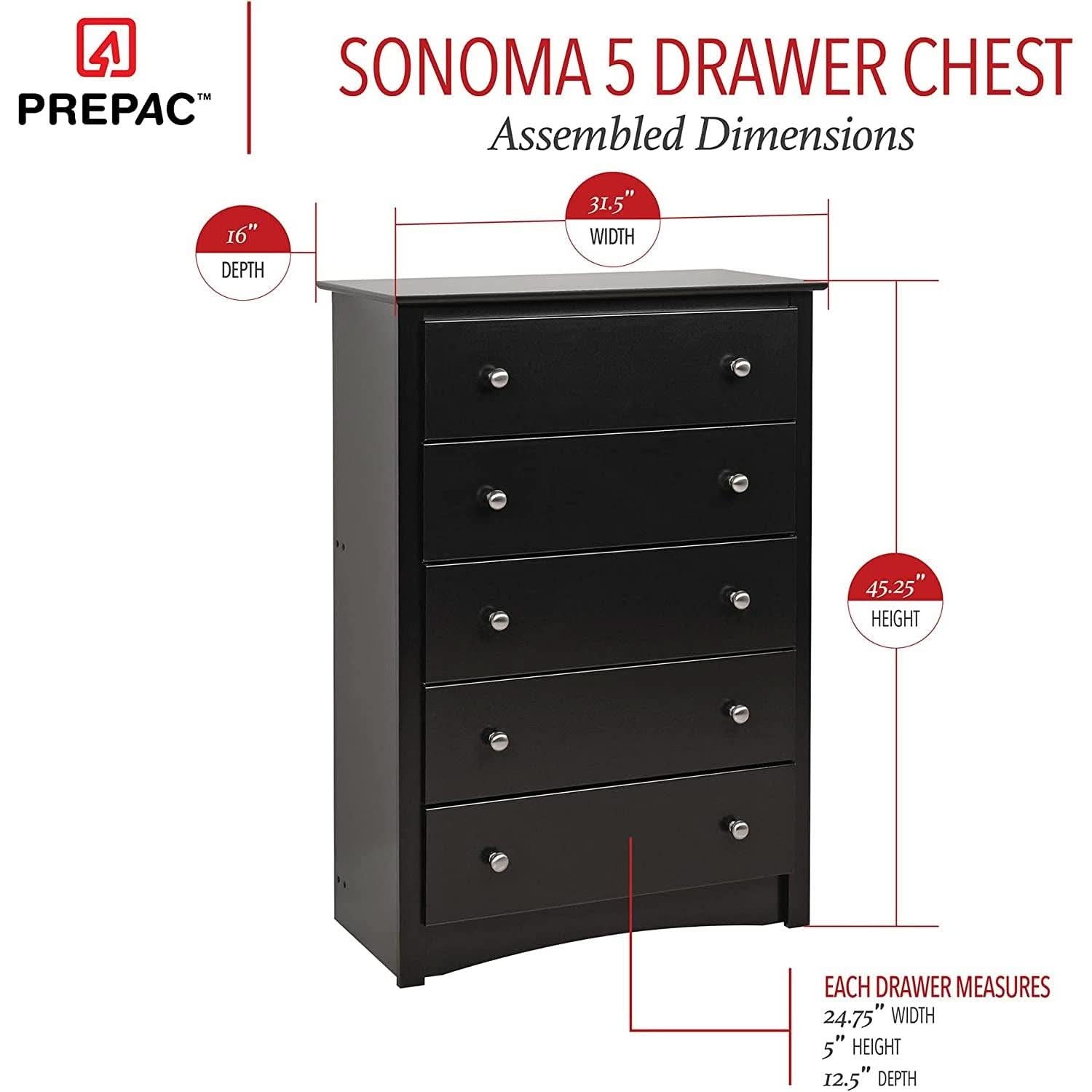 Black 5 Drawer Bedroom Dresser Chest With Ample Storage
