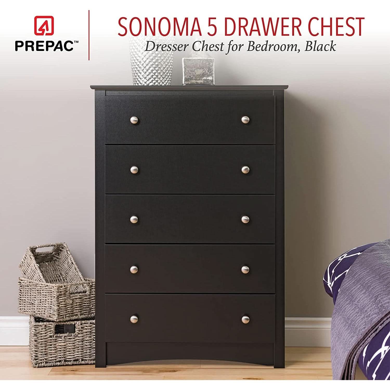 Black 5 Drawer Bedroom Dresser Chest With Ample Storage