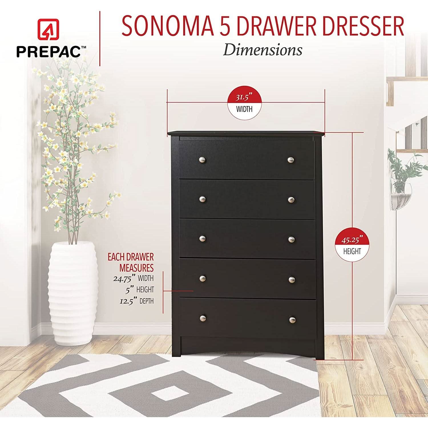 Black 5 Drawer Bedroom Dresser Chest With Ample Storage