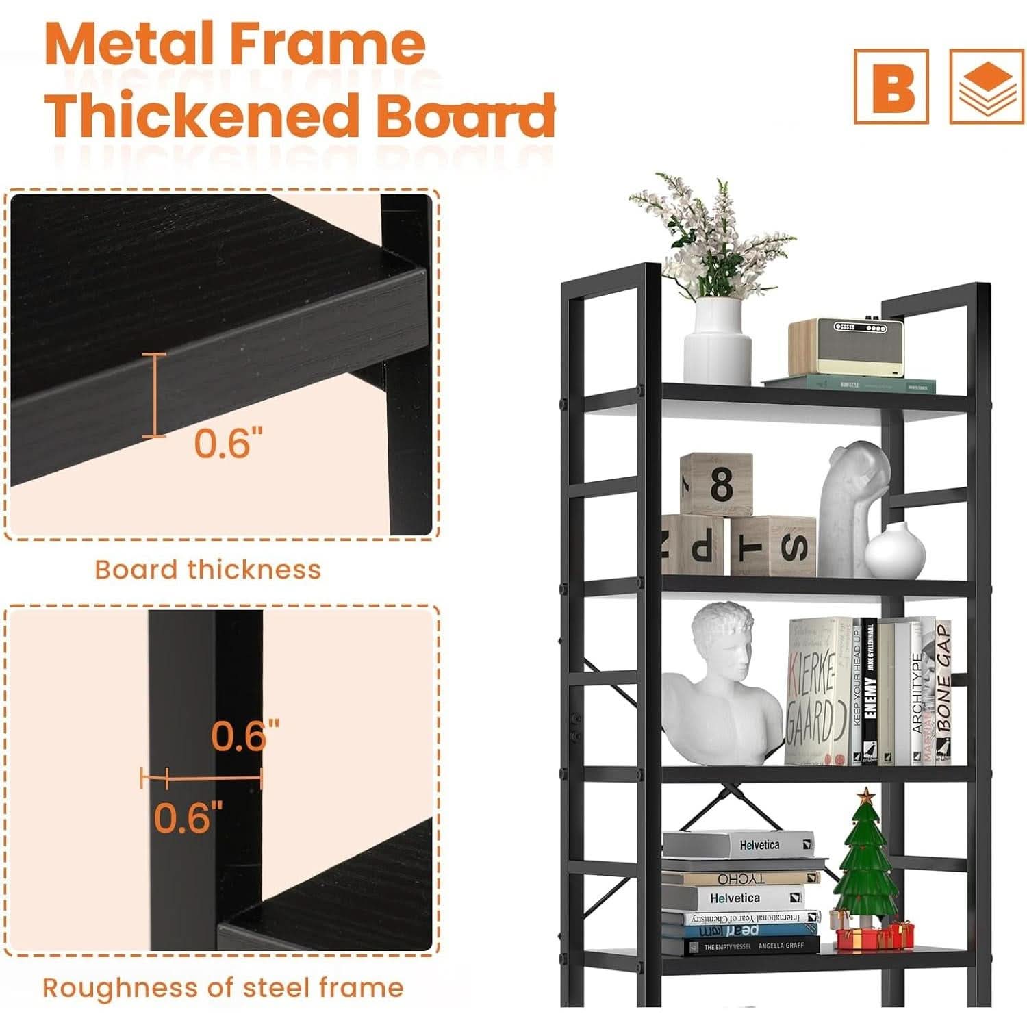 Black 5 Tier Bookcase Space Saving Tall Studio Home Office