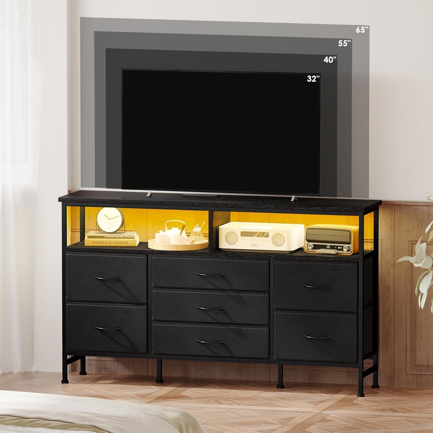 Black 55 Inch TV Stand For Bedroom With Storage Drawers