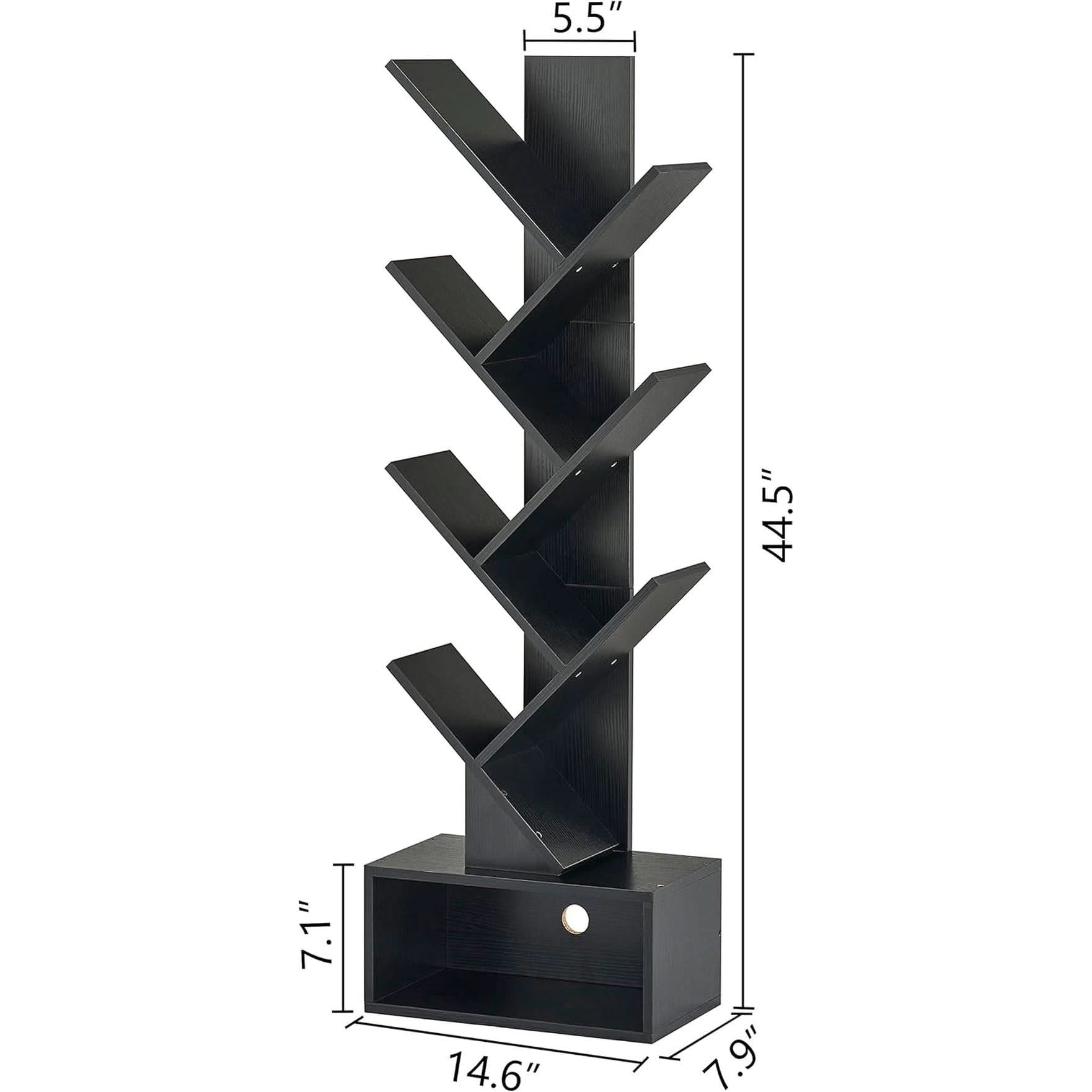 Black 6 Tier Tree Bookshelf With Drawer Freestanding Storage