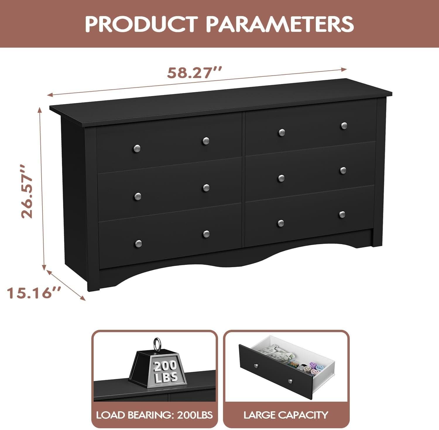 Black Dresser With 6 Drawers And TV Stand Storage Chest