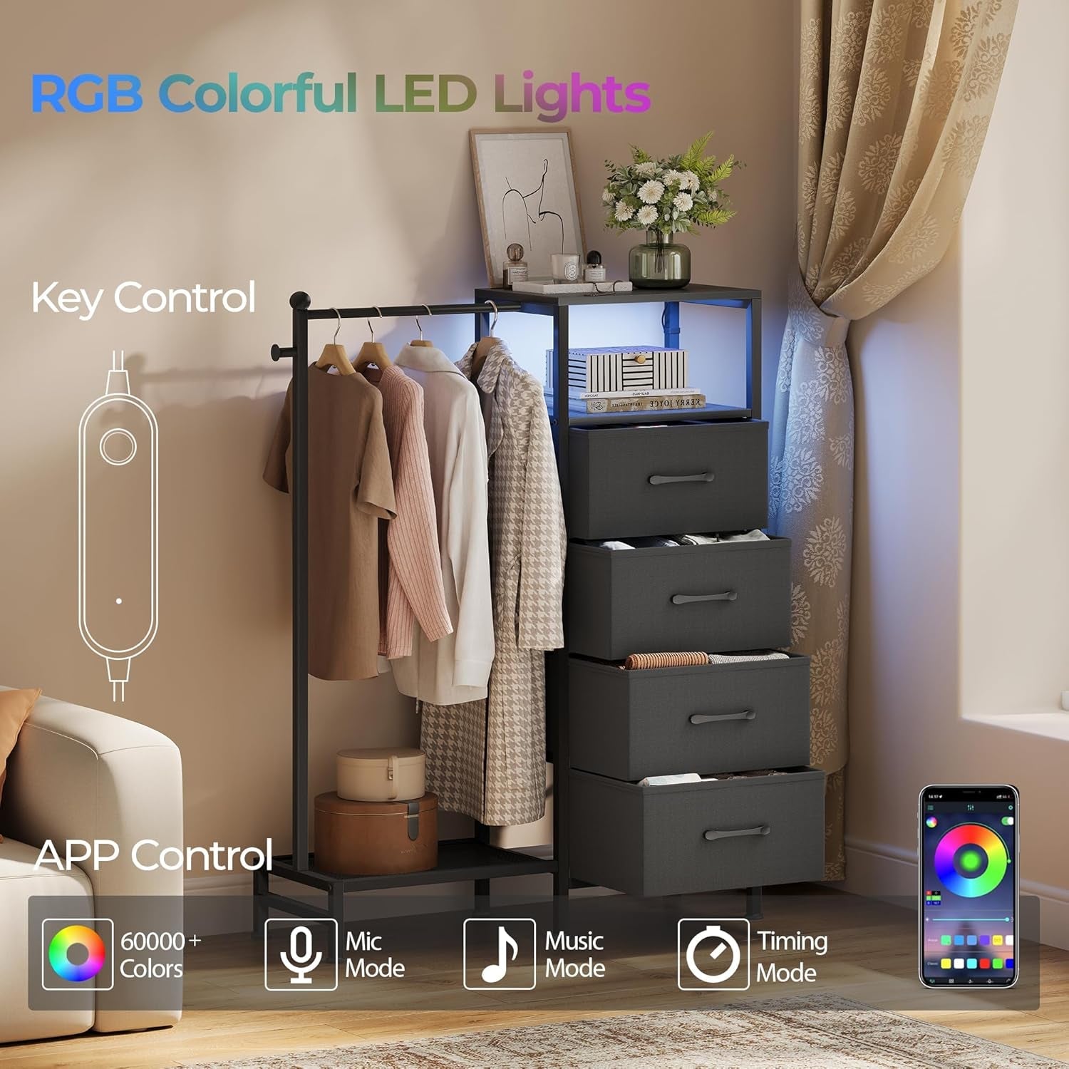 Black Dresser With Reversible Hanging Rack LED Lighting