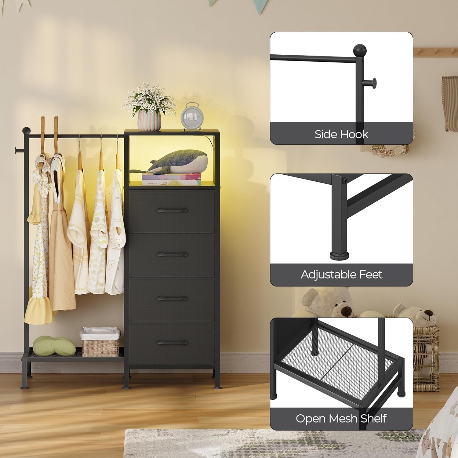 Black Dresser With Reversible Hanging Rack LED Lighting