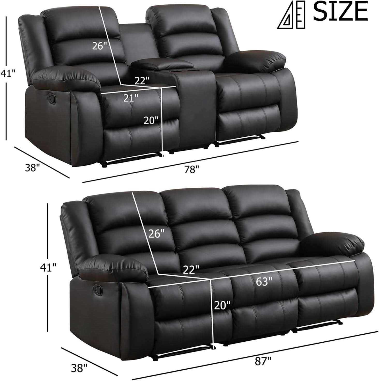 Black Faux Leather Manual Recliner Sofa Set With Loveseat