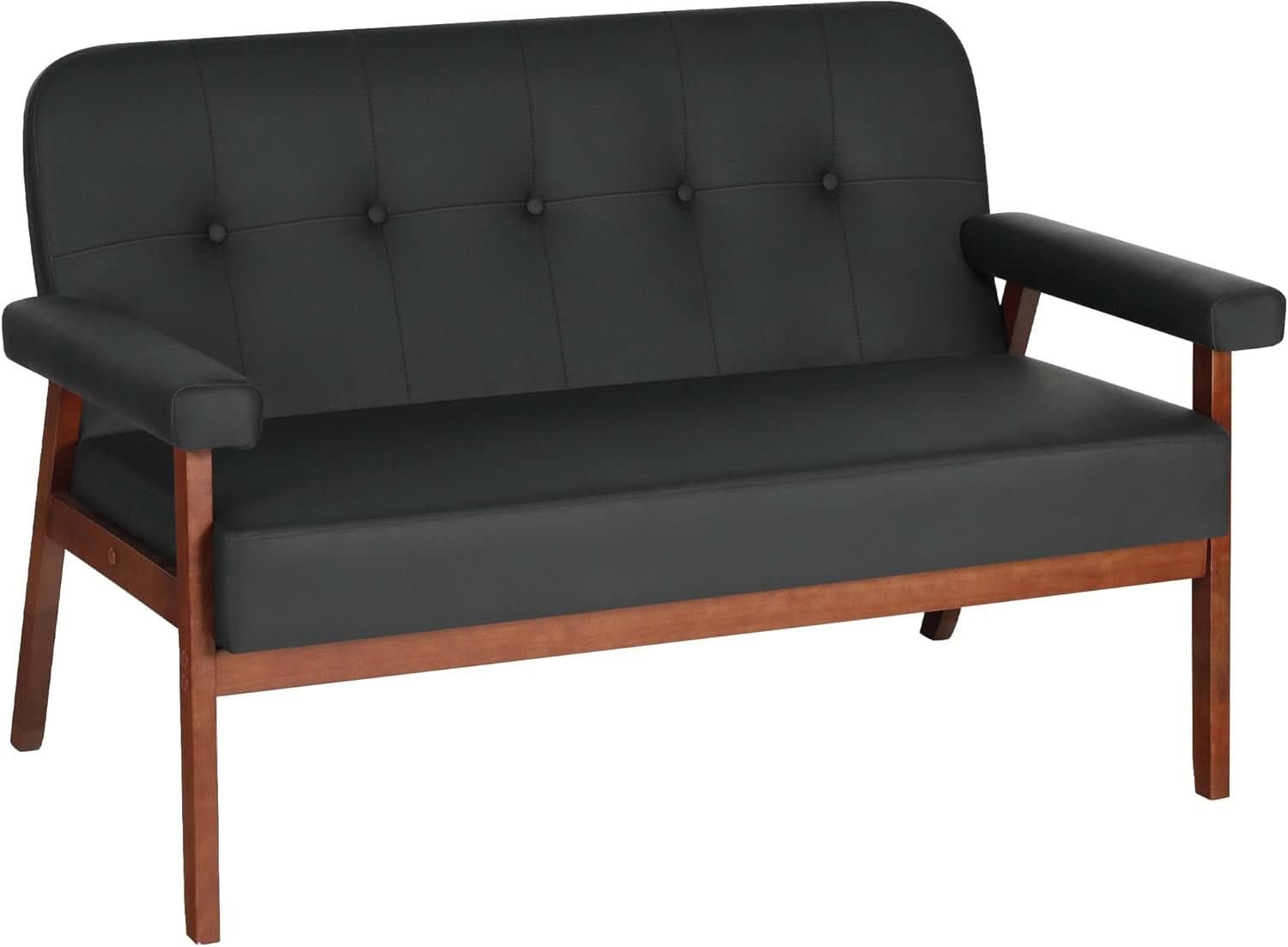 Black Faux Leather Mid Century Loveseat Sofa with Cushions