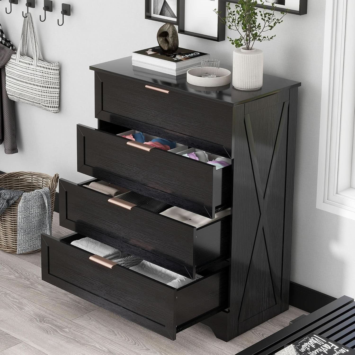Black Four Drawer Dresser With Rose Gold Handles Arched Base