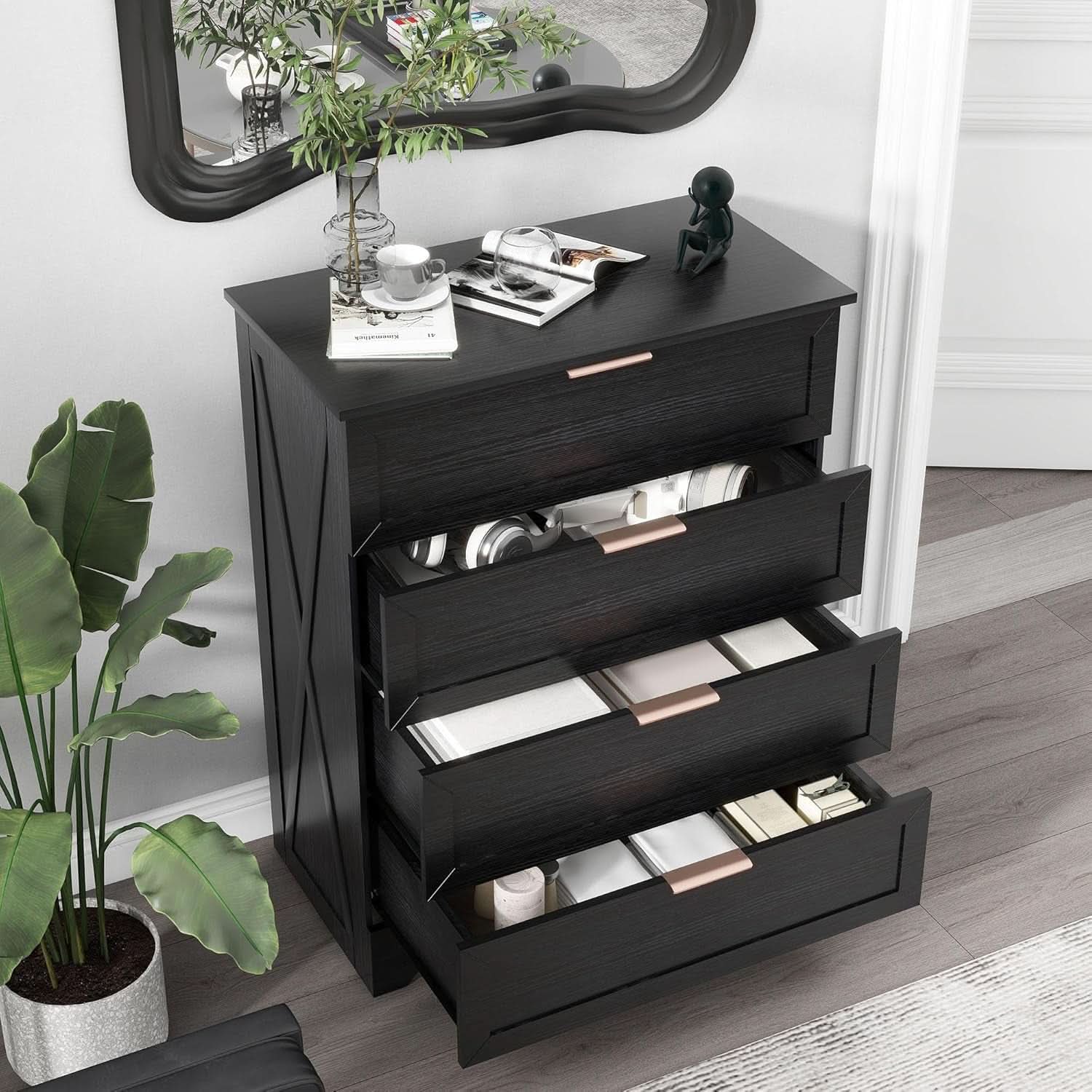 Black Four Drawer Dresser With Rose Gold Handles Arched Base