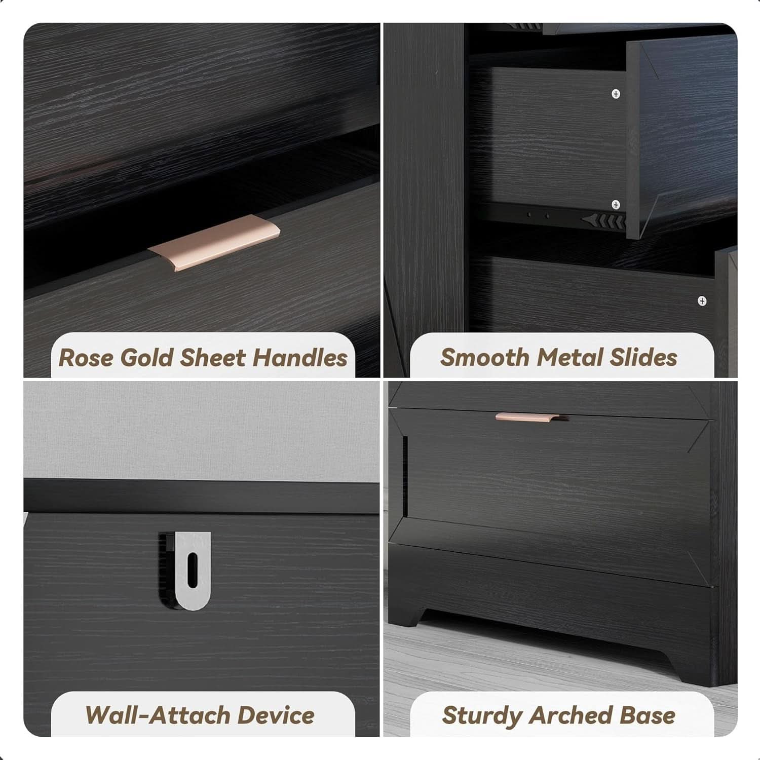 Black Four Drawer Dresser With Rose Gold Handles Arched Base