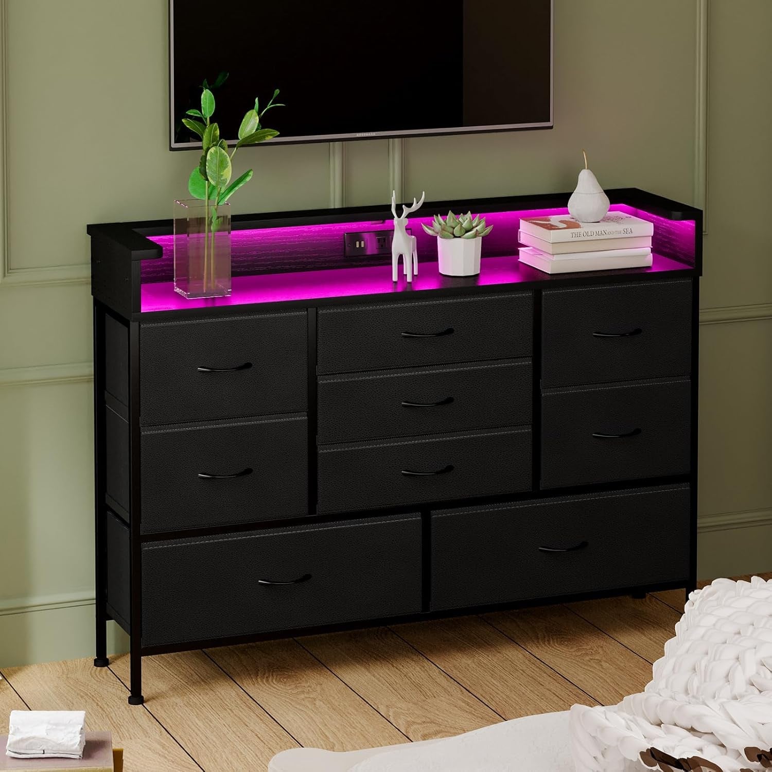 Black LED Dresser With 9 Drawers And USB Charging Station