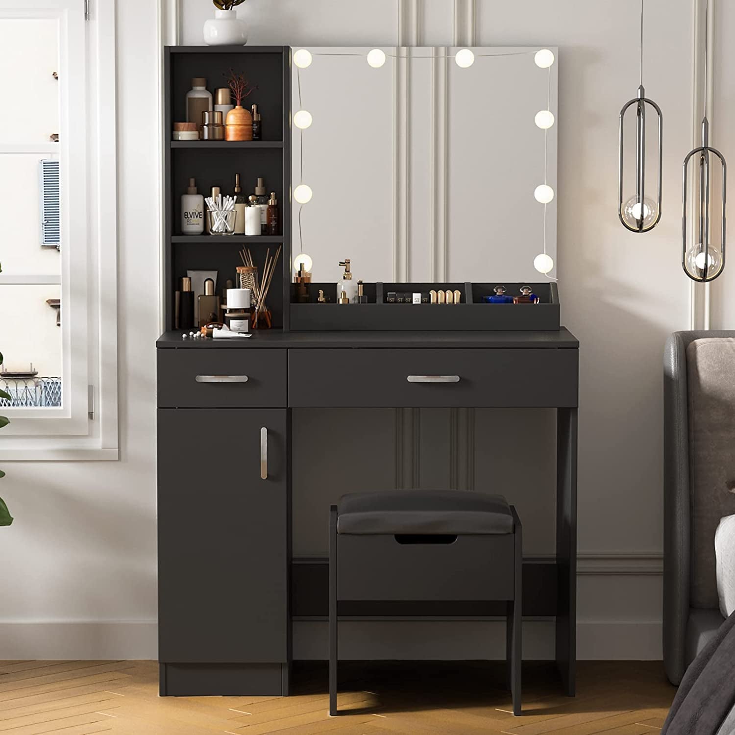 Black Makeup Vanity Desk With Lighted Mirror And 2 Drawers