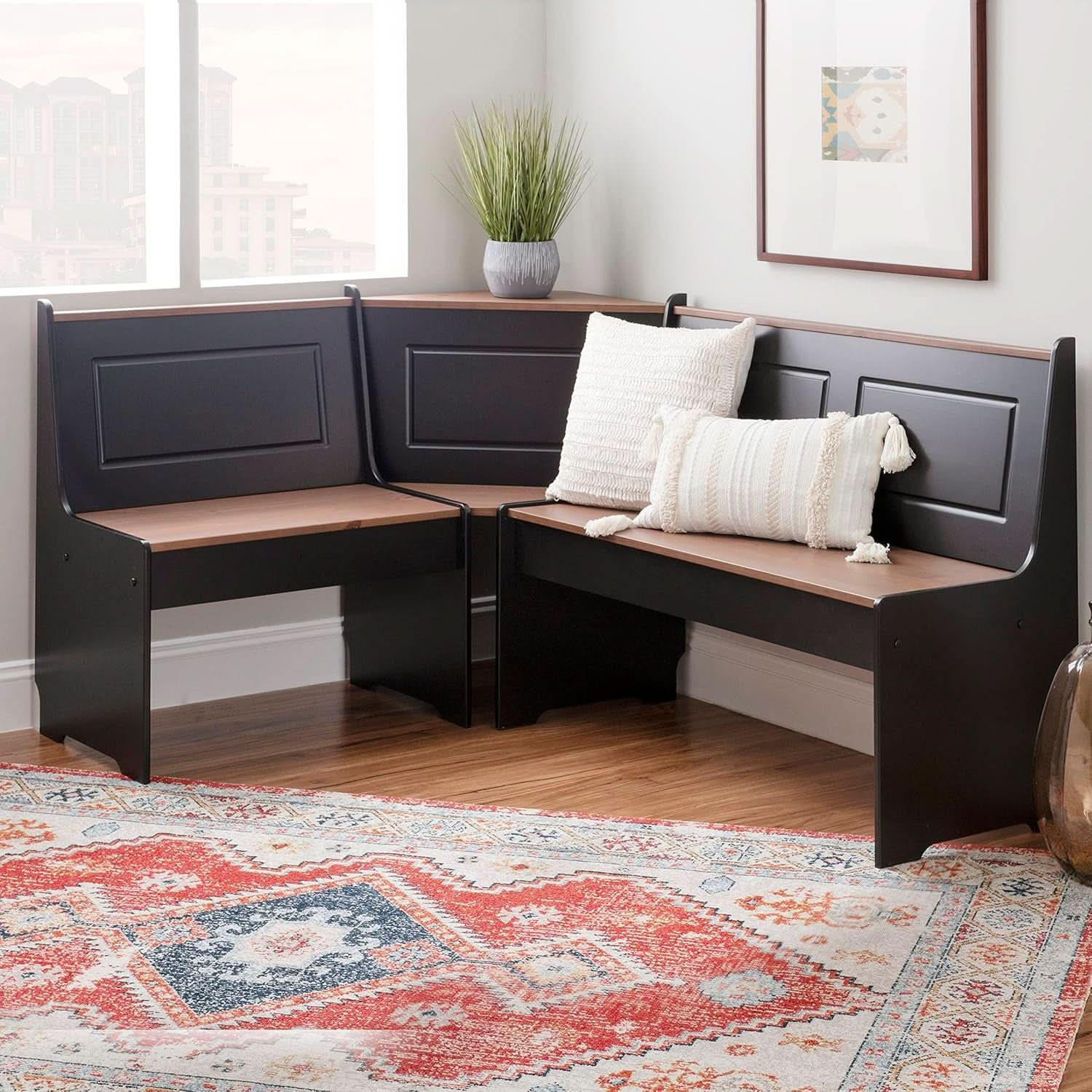 Black Pecan Five Seat Dining Set With Storage Benches