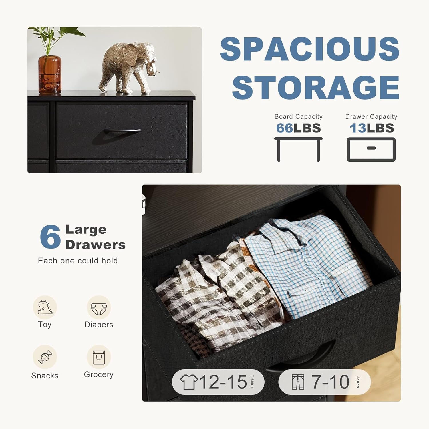 Black TV Stand With 6 Fabric Drawers Storage Organizer