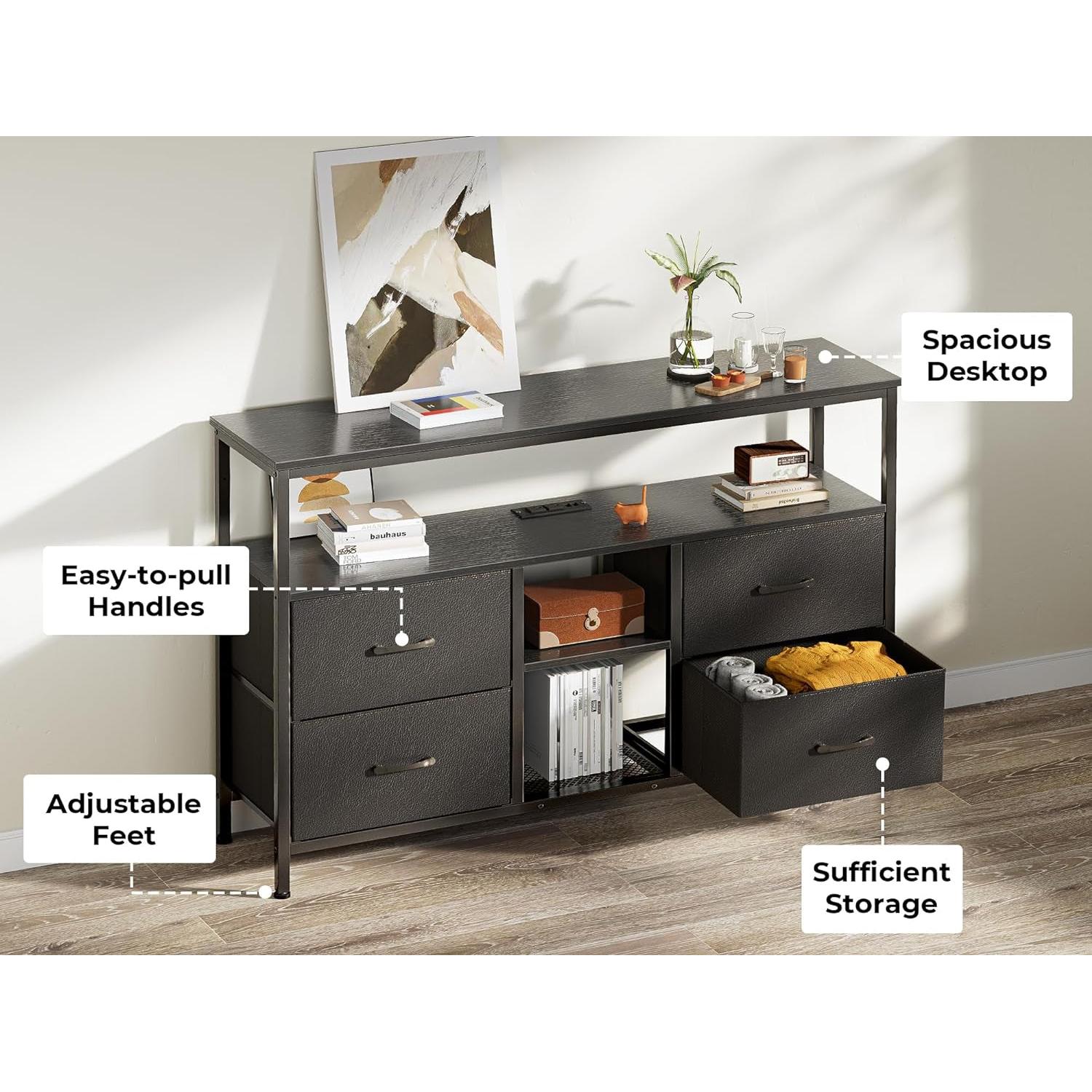 Black TV Stand With LED Lights And 2 AC Outlets And 2 USB Ports