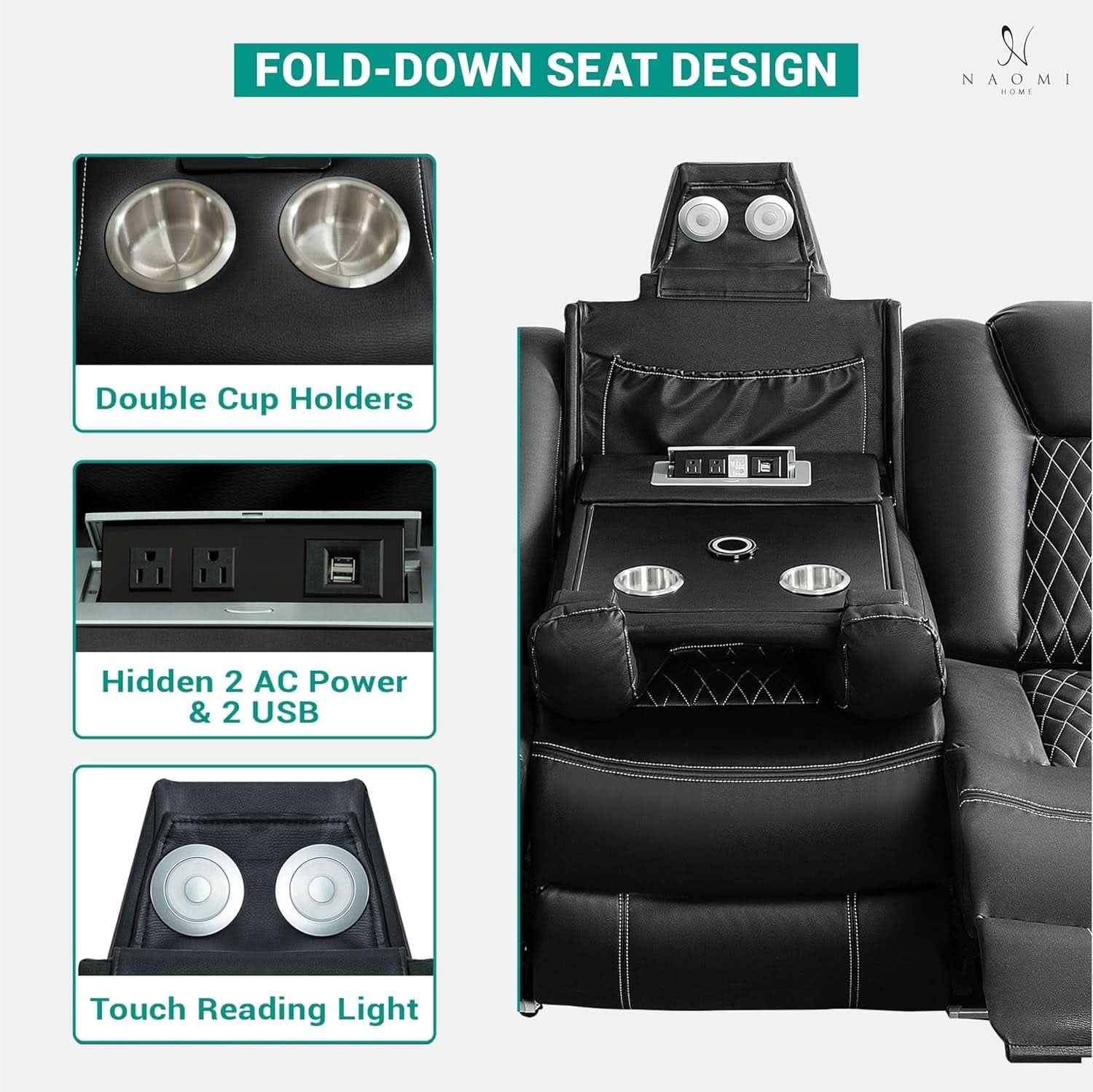 Black Ultraleather Power Reclining Sectional Sofa With USB Ports