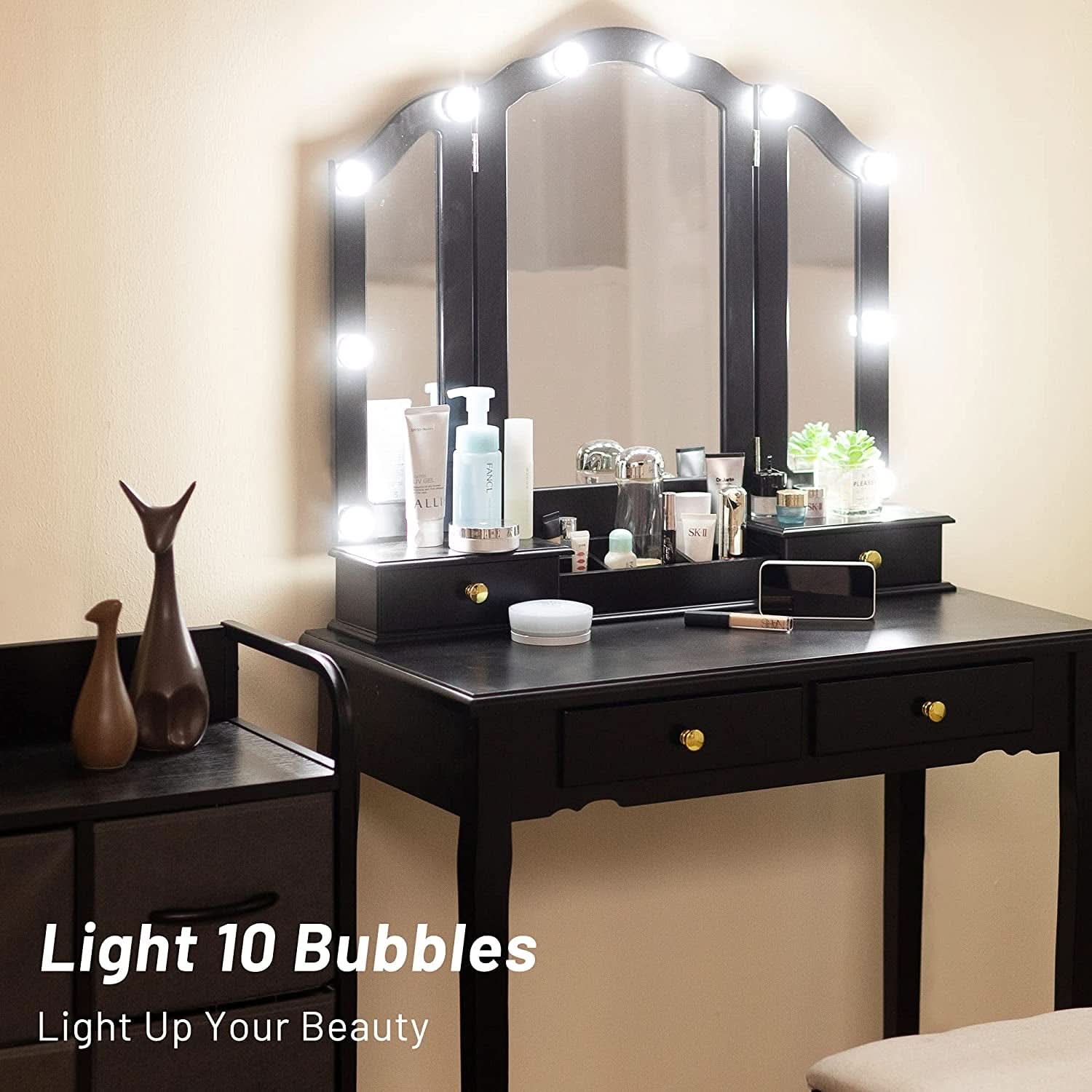 Black Vanity Set With Lighted Tri Fold Mirror For Dresser