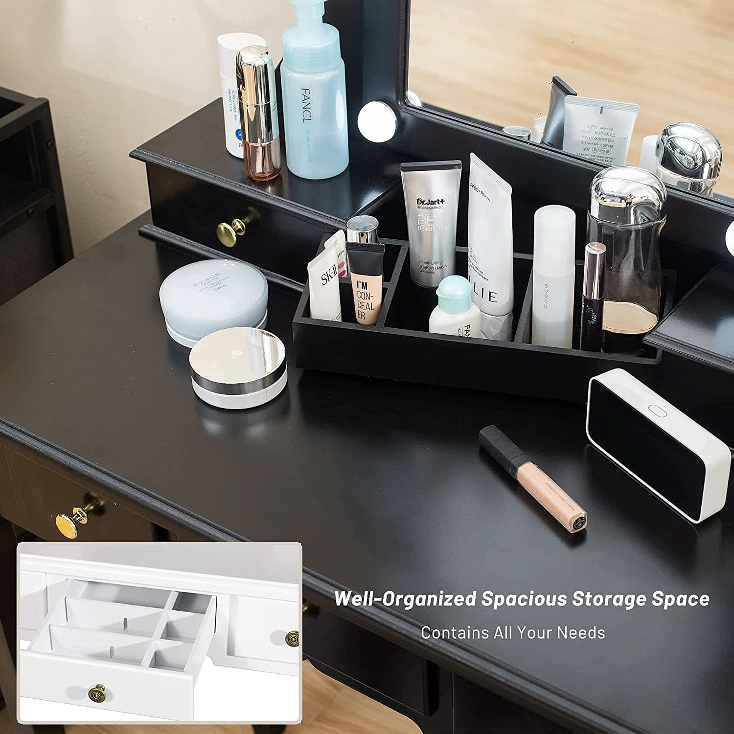 Black Vanity Set With Lighted Tri Fold Mirror For Dresser