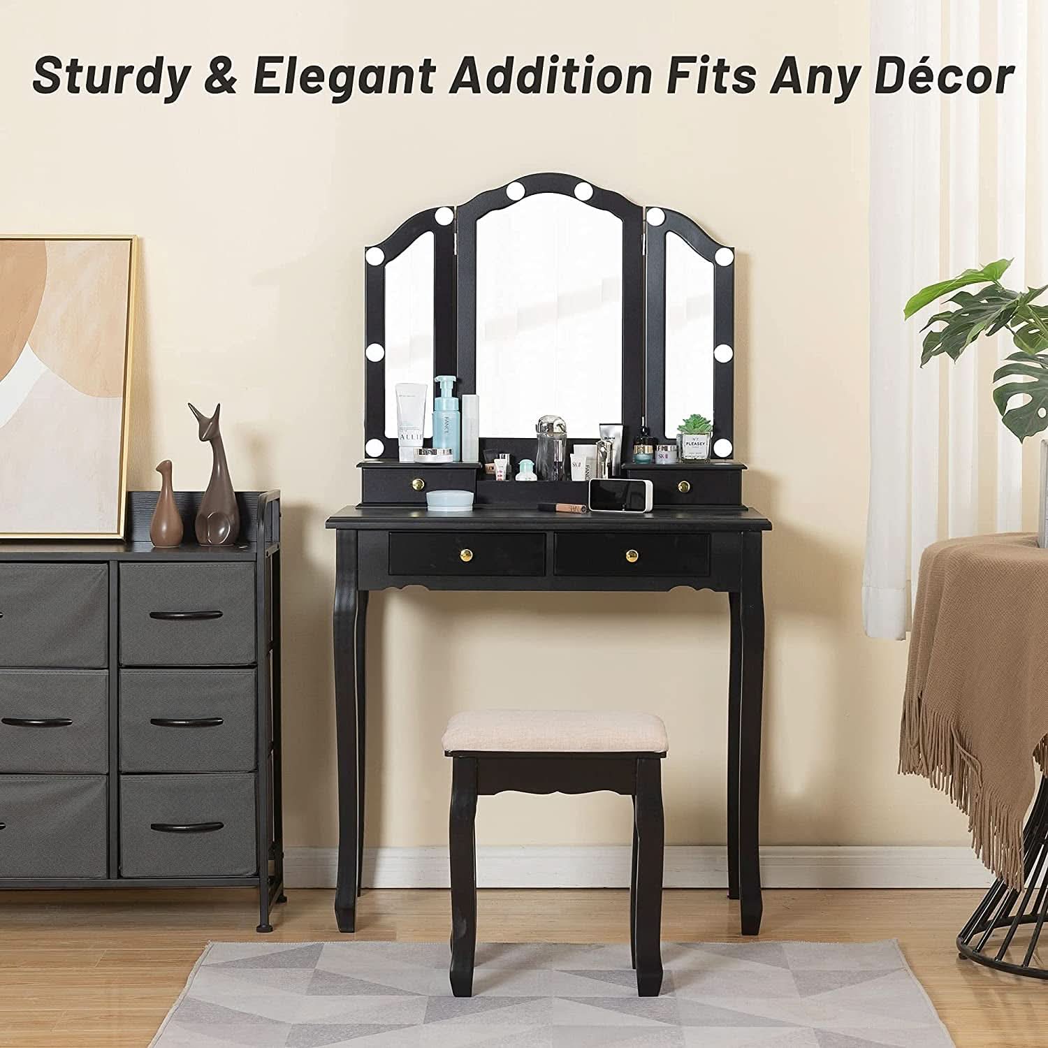 Black Vanity Set With Lighted Tri Fold Mirror For Dresser