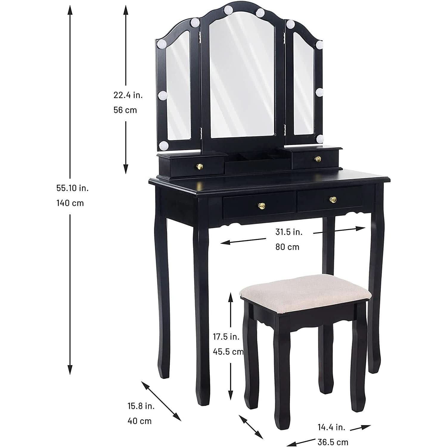 Black Vanity Set With Lighted Tri Fold Mirror For Dresser