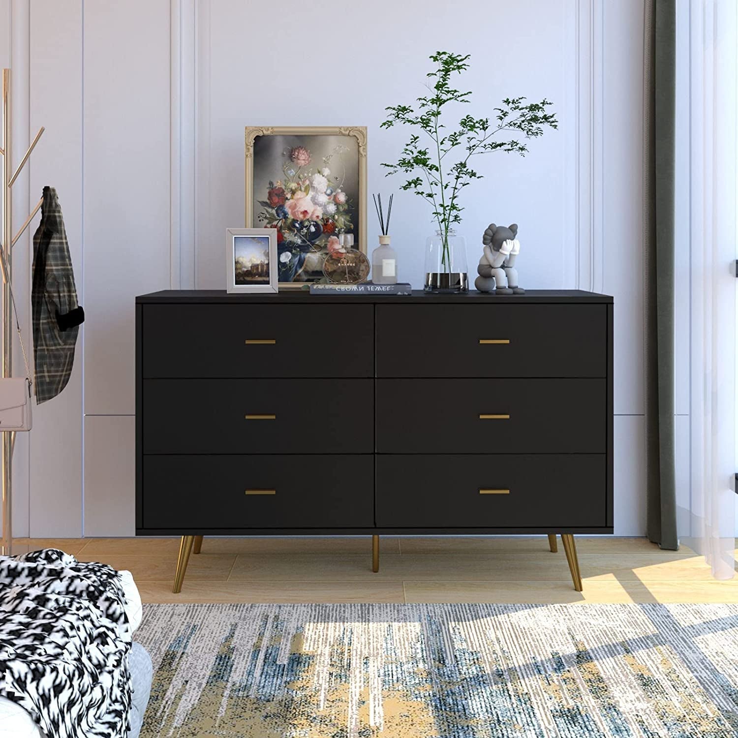 Black Wood Dresser With Six Drawers For Bedroom Storage