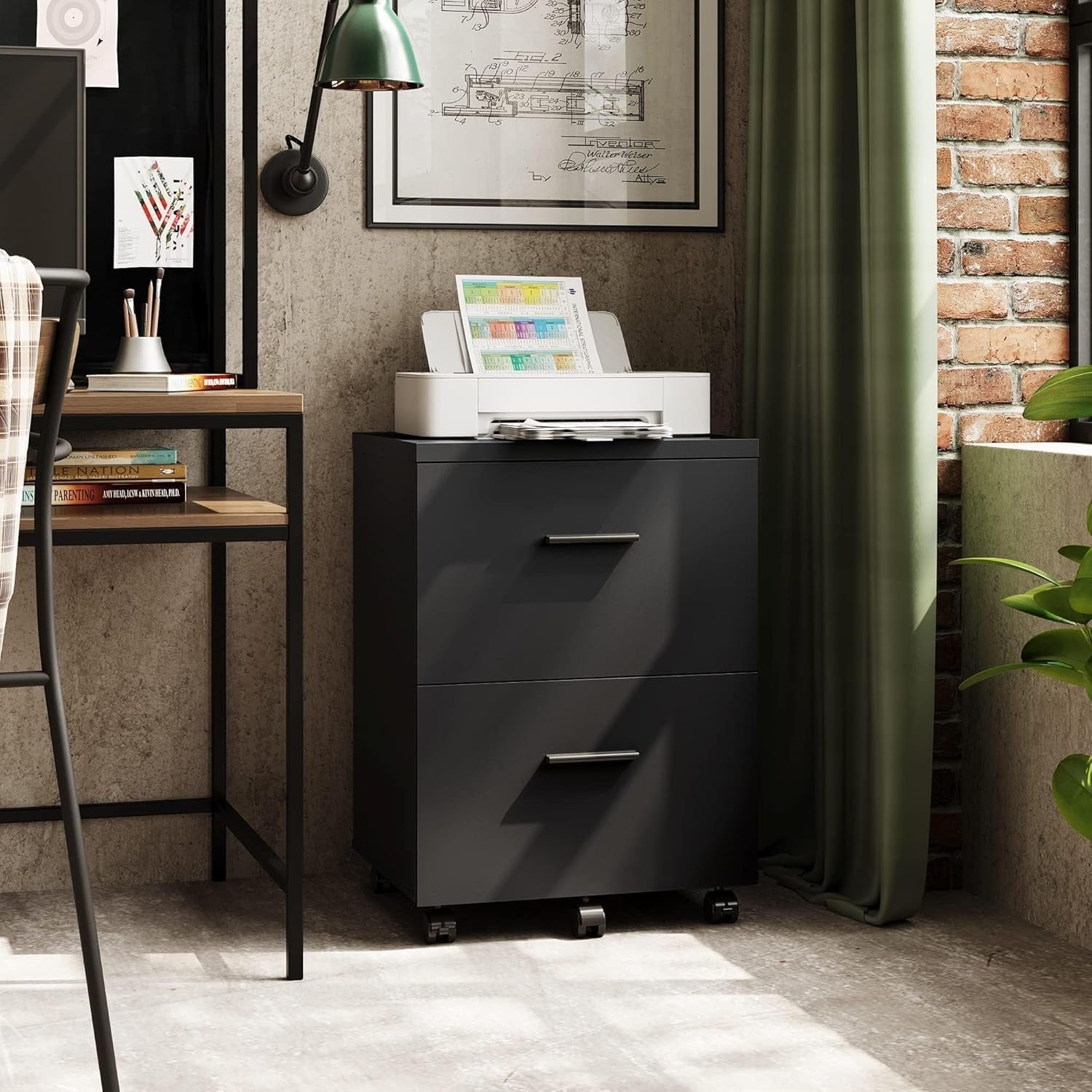 Black Wood File Cabinet 2 Drawer With Wheels Home Office