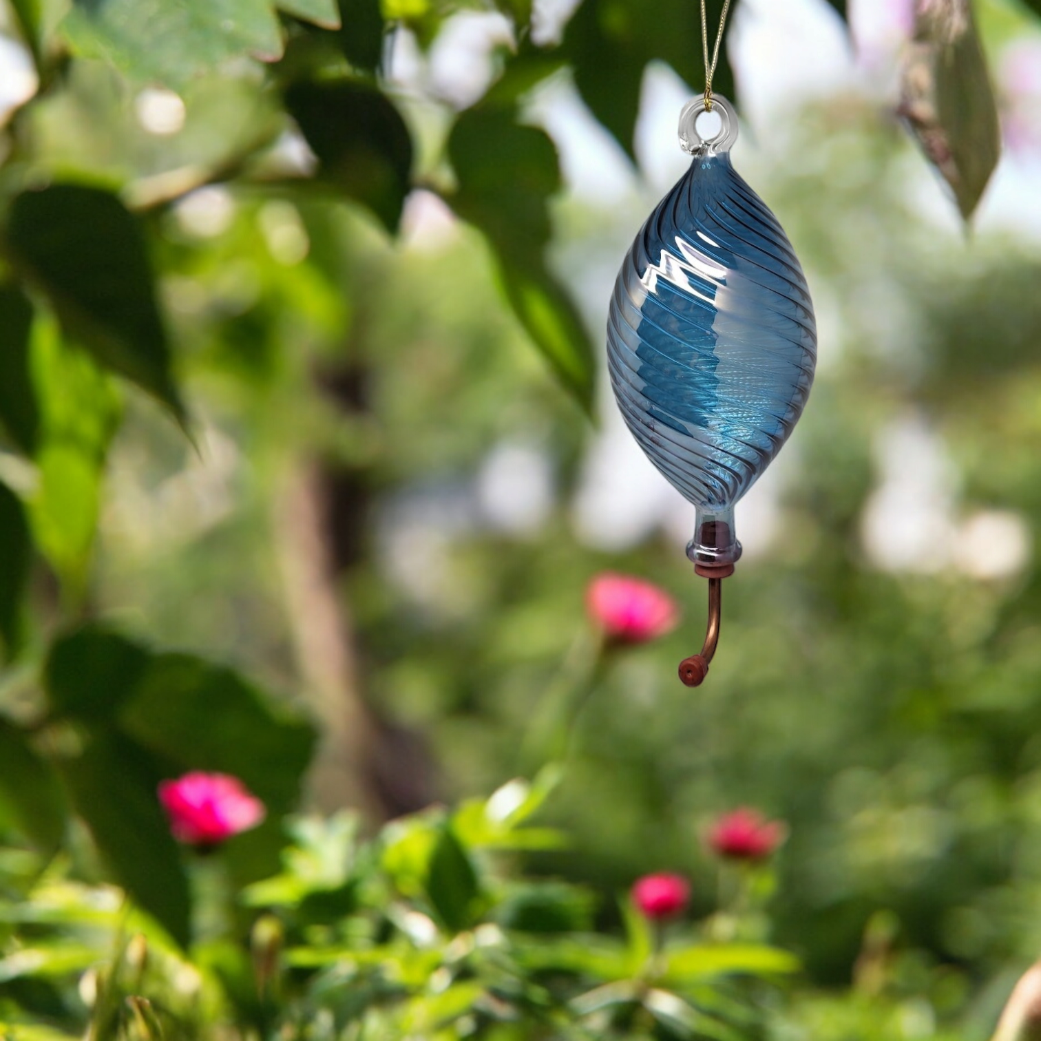 Blown Egyptian Glass Hummingbird Feeder - Blue
