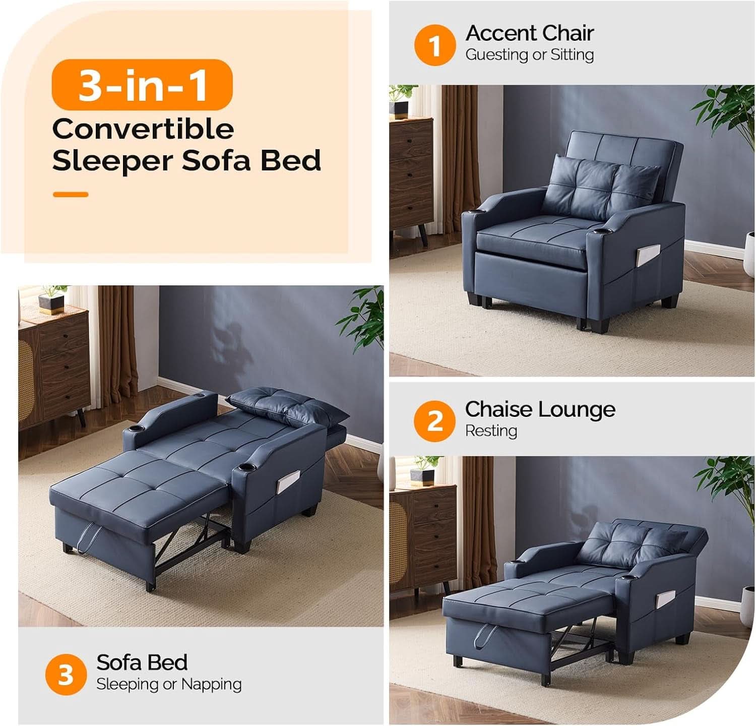 Blue 3 In 1 Sofa Bed Chair Recliner With Adjustable Backrest USB Ports
